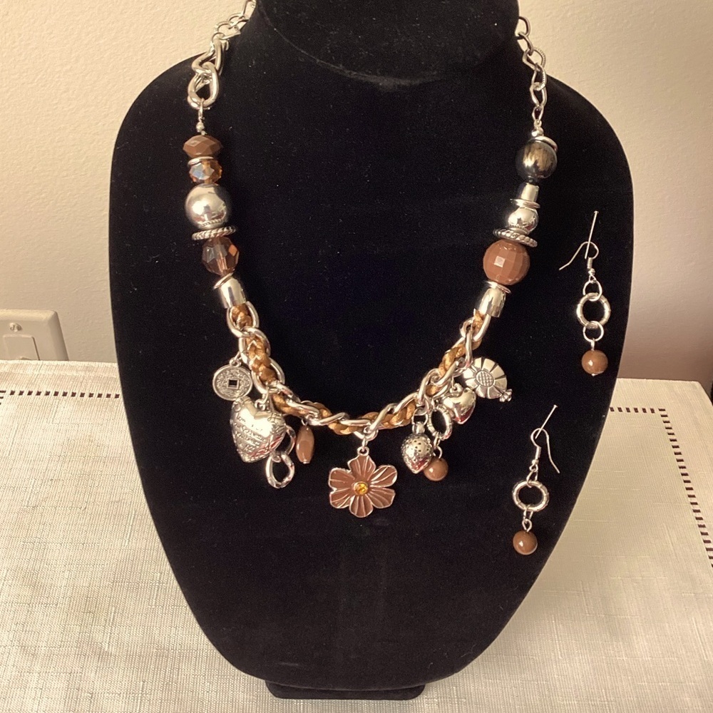 Brown and Smoky Topaz Silver Tone Necklace and Earrings